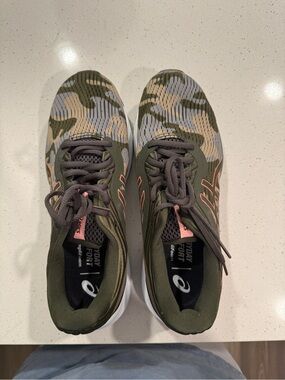 ASICS Olive Green Camo Knit Sneakers with Pink Details